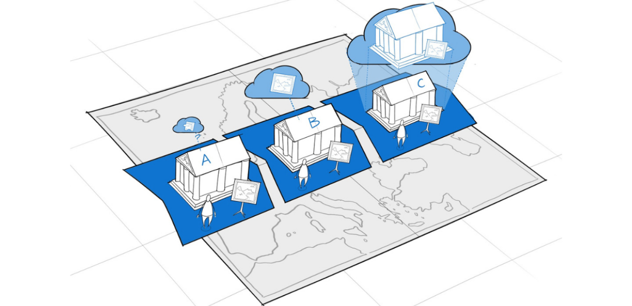 Sketch of digital transformation. Three buildings on a map of Europe.